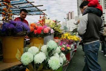 Local residents choose flowers at the New Year Fair held at the Victoria Park in Hong Kong, south China, on Feb. 3, 2008. (Xinhua Photo)