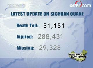  The Information Office of the State Council says as of 10 am Thursday, the official number of people dead was 51,151. Nearly 30,000 are still missing and another 290,000 people are injured.
