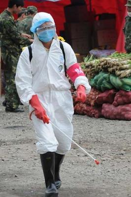 A medical worker sprays disinfectants in Longmenshan Township of quake-hit Pengzhou City, southwest China's Sichuan Province, May 22, 2008. The Ministry of Health and local Sichuan health agencies had dispatched 73,518 workers to conduct disease prevention work in quake-hit villages in Sichuan, and no major outbreak of epidemic diseases or other public health threats have so far been reported in quake-stricken areas. (Xinhua Photo)