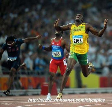 Usain&nbsp;Bolt&nbsp;(R)&nbsp;of&nbsp;Jamaica&nbsp;jubilates&nbsp;after&nbsp;the&nbsp;men's&nbsp;200m&nbsp;final&nbsp;at&nbsp;the&nbsp;National&nbsp;Stadium,&nbsp;also&nbsp;known&nbsp;as&nbsp;the&nbsp;Bird's&nbsp;Nest,&nbsp;during&nbsp;Beijing&nbsp;2008&nbsp;Olympic&nbsp;Games&nbsp;in&nbsp;Beijing,&nbsp;China,&nbsp;Aug.&nbsp;20,&nbsp;2008.&nbsp;Usain&nbsp;Bolt&nbsp;of&nbsp;Jamaica&nbsp;won&nbsp;the&nbsp;title&nbsp;with&nbsp;19.30&nbsp;seconds&nbsp;and&nbsp;set&nbsp;a&nbsp;new&nbsp;world&nbsp;record.&nbsp;(Xinhua/Liu&nbsp;Dawei)