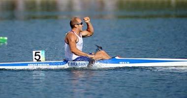 Tim Brabants of Great Britain celebrates after winning the Kayak single (K1) 1000m men final of Beijing 2008 Olympic Games Canoe/Kayak Flatwater event in Beijing, China, Aug. 22, 2008. Tim Brabants clinched the gold medal in this event with a time of 3:26.323. (Xinhua/Jiang Enyu)