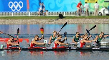 Fanny Fischer, Nicole Reinhardt, Katrin Wagner-Augustin, Conny Wassmuth of Germany compete in the Kayak four (K4) 500m women final of Beijing 2008 Olympic Games Canoe/Kayak Flatwater event in Beijing, China, Aug. 22, 2008. The team of Germany clinched the gold medal in this event with a time of 1:32.231. (Xinhua/Jiang Enyu)