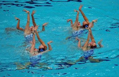 Russian synchronized swimming team perform during the team event free routine at the Beijing 2008 Olympic Games synchronized swimming event in Beijing, China, Aug. 23, 2008. Russian team won the gold medal in synchronized swimming team event. (Xinhua/Wang Dingchang)