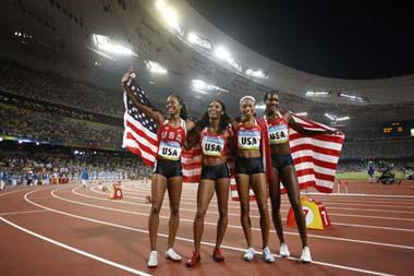 Runners&nbsp;of&nbsp;the&nbsp;United&nbsp;States&nbsp;celebrate&nbsp;after&nbsp;the&nbsp;women's&nbsp;4x400m&nbsp;relay&nbsp;final&nbsp;at&nbsp;the&nbsp;National&nbsp;Stadium,&nbsp;also&nbsp;known&nbsp;as&nbsp;the&nbsp;Bird's&nbsp;Nest,&nbsp;during&nbsp;Beijing&nbsp;2008&nbsp;Olympic&nbsp;Games&nbsp;in&nbsp;Beijing,&nbsp;China,&nbsp;Aug.&nbsp;23,&nbsp;2008.&nbsp;The&nbsp;team&nbsp;of&nbsp;the&nbsp;United&nbsp;States&nbsp;won&nbsp;the&nbsp;title&nbsp;with&nbsp;3:18.54.(Xinhua/Liao&nbsp;Yujie)