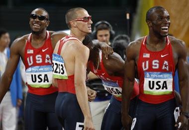 Runners&nbsp;of&nbsp;the&nbsp;United&nbsp;States&nbsp;react&nbsp;after&nbsp;the&nbsp;men's&nbsp;4x400m&nbsp;relay&nbsp;final&nbsp;at&nbsp;the&nbsp;National&nbsp;Stadium,&nbsp;also&nbsp;known&nbsp;as&nbsp;the&nbsp;Bird's&nbsp;Nest,&nbsp;during&nbsp;Beijing&nbsp;2008&nbsp;Olympic&nbsp;Games&nbsp;in&nbsp;Beijing,&nbsp;China,&nbsp;Aug.&nbsp;23,&nbsp;2008.&nbsp;The&nbsp;team&nbsp;of&nbsp;the&nbsp;United&nbsp;States&nbsp;won&nbsp;the&nbsp;title&nbsp;with&nbsp;2:55.39&nbsp;and&nbsp;set&nbsp;a&nbsp;new&nbsp;Olympic&nbsp;record.&nbsp;(Xinhua/Liao&nbsp;Yujie)