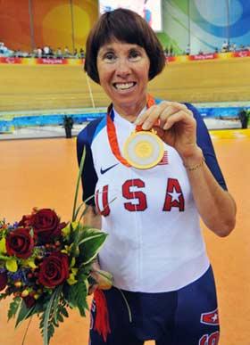 Fifty-two-year-old&nbsp;Barbara&nbsp;Buchan&nbsp;of&nbsp;the&nbsp;United&nbsp;States&nbsp;displays&nbsp;her&nbsp;gold&nbsp;medal&nbsp;in&nbsp;the&nbsp;awarding&nbsp;ceremony&nbsp;of&nbsp;women's&nbsp;individual&nbsp;pursuit(LC3-4/CP3)&nbsp;of&nbsp;the&nbsp;Beijing&nbsp;2008&nbsp;Paralympic&nbsp;Games&nbsp;cycling&nbsp;track&nbsp;event&nbsp;on&nbsp;Sept.&nbsp;10,&nbsp;2008.&nbsp;Buchan&nbsp;won&nbsp;gold&nbsp;medal&nbsp;in&nbsp;the&nbsp;event&nbsp;with&nbsp;4&nbsp;mins&nbsp;15.848&nbsp;secs.(Xinhua/He&nbsp;Junchang)