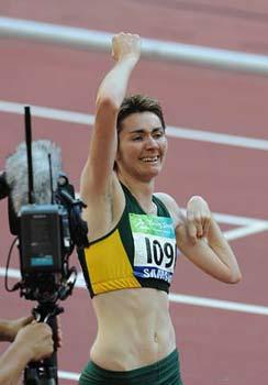 Lisa&nbsp;Mcintosh&nbsp;of&nbsp;Australia&nbsp;celebrates&nbsp;after&nbsp;winning&nbsp;the&nbsp;women's&nbsp;100m-T37&nbsp;final&nbsp;at&nbsp;the&nbsp;National&nbsp;Stadium，also&nbsp;known&nbsp;as&nbsp;the&nbsp;Bird's&nbsp;Nest，during&nbsp;the&nbsp;Beijing&nbsp;2008&nbsp;Paralympic&nbsp;Games&nbsp;in&nbsp;Beijing,&nbsp;China,&nbsp;Sept.&nbsp;12,&nbsp;2008.&nbsp;Mcintosh&nbsp;claimed&nbsp;the&nbsp;title&nbsp;with&nbsp;14.14&nbsp;secs.&nbsp;(Xinhua&nbsp;Photo)