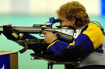 Jonas Jacobsson competes during the final of the mixed R6-50m free rifle prone SH1 event of the shooting at the Beijing 2008 Paralympic Games in Beijing, China, Sept. 12, 2008. Jacobsson claimed the title of the event with a total result of 695.8 points. It was his third gold medal in the Beijing Paralympics, and also the 16th one of his Paralympics. (Xinhua/Ren Yong)