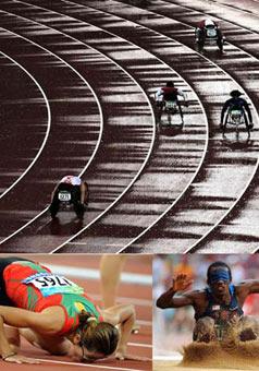 (Upper)&nbsp;Athletes&nbsp;compete&nbsp;in&nbsp;the&nbsp;rain&nbsp;during&nbsp;a&nbsp;match&nbsp;of&nbsp;the&nbsp;Men's&nbsp;400m&nbsp;T53&nbsp;of&nbsp;the&nbsp;Beijing&nbsp;Paralympic&nbsp;Athletics&nbsp;event&nbsp;Sept.&nbsp;9,&nbsp;2008.&nbsp;(Lower&nbsp;Left)&nbsp;Sanna&nbsp;Benhama&nbsp;of&nbsp;Marocco&nbsp;kisses&nbsp;the&nbsp;ground&nbsp;after&nbsp;winning&nbsp;in&nbsp;the&nbsp;Women's&nbsp;200m&nbsp;T13&nbsp;final&nbsp;of&nbsp;the&nbsp;Beijing&nbsp;Paralympic&nbsp;Athletics&nbsp;event&nbsp;Sept.&nbsp;13,&nbsp;2008.&nbsp;(Lower&nbsp;Right)&nbsp;Lex&nbsp;Gillette&nbsp;of&nbsp;the&nbsp;United&nbsp;States&nbsp;competes&nbsp;in&nbsp;the&nbsp;Men's&nbsp;Long&nbsp;Jump&nbsp;F11&nbsp;final&nbsp;of&nbsp;the&nbsp;Beijing&nbsp;Paralympic&nbsp;Athletics&nbsp;event&nbsp;Sept.&nbsp;15,&nbsp;2008.&nbsp;(Xinhua&nbsp;Photo)