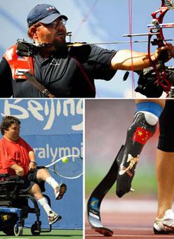 (Upper)&nbsp;Eric&nbsp;Bennett&nbsp;of&nbsp;the&nbsp;United&nbsp;States&nbsp;bites&nbsp;an&nbsp;arrow&nbsp;as&nbsp;he&nbsp;competes&nbsp;in&nbsp;the&nbsp;Men's&nbsp;Individual&nbsp;Compound&nbsp;(Open)&nbsp;1/8&nbsp;elimination&nbsp;round&nbsp;of&nbsp;the&nbsp;Beijing&nbsp;Paralympic&nbsp;Archery&nbsp;event&nbsp;Sept.&nbsp;11,&nbsp;2008.(Lower&nbsp;Left)&nbsp;Nick&nbsp;Taylor&nbsp;of&nbsp;the&nbsp;U.S.&nbsp;throws&nbsp;the&nbsp;ball&nbsp;into&nbsp;the&nbsp;air&nbsp;with&nbsp;his&nbsp;foot&nbsp;when&nbsp;he&nbsp;serves&nbsp;during&nbsp;the&nbsp;Mixed&nbsp;Singles&nbsp;(Quad)&nbsp;quarterfinal&nbsp;of&nbsp;the&nbsp;Beijing&nbsp;Paralympic&nbsp;Wheelchair&nbsp;Tennis&nbsp;event&nbsp;Sept.&nbsp;14,&nbsp;2008.(Lower&nbsp;Right)&nbsp;Wang&nbsp;Juan&nbsp;of&nbsp;China&nbsp;stands&nbsp;in&nbsp;the&nbsp;field&nbsp;after&nbsp;the&nbsp;Women's&nbsp;100m&nbsp;T44&nbsp;final&nbsp;of&nbsp;the&nbsp;Beijing&nbsp;Paralympic&nbsp;Athletics&nbsp;event&nbsp;Sept.&nbsp;14,&nbsp;2008.(Xinhua&nbsp;Photo)