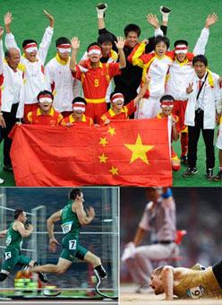 (Upper)&nbsp;Members&nbsp;of&nbsp;China's&nbsp;women&nbsp;team&nbsp;pose&nbsp;for&nbsp;a&nbsp;group&nbsp;photo&nbsp;after&nbsp;defeating&nbsp;Spain&nbsp;in&nbsp;a&nbsp;preliminary&nbsp;match&nbsp;of&nbsp;the&nbsp;Football&nbsp;5-a-side&nbsp;event&nbsp;Sept.&nbsp;13,&nbsp;2008.(Lower&nbsp;Left)&nbsp;Oscar&nbsp;Pistorius&nbsp;of&nbsp;South&nbsp;Africa&nbsp;(L)&nbsp;competes&nbsp;in&nbsp;the&nbsp;Men's&nbsp;200m&nbsp;T44&nbsp;final&nbsp;of&nbsp;the&nbsp;Beijing&nbsp;Paralympic&nbsp;Athletics&nbsp;event&nbsp;Sept.&nbsp;13,&nbsp;2008.(Lower&nbsp;Right)&nbsp;Wojtek&nbsp;Czyz&nbsp;of&nbsp;Germany&nbsp;competes&nbsp;in&nbsp;the&nbsp;Men's&nbsp;Long&nbsp;Jump&nbsp;F42/44&nbsp;final&nbsp;of&nbsp;the&nbsp;Beijing&nbsp;Paralympic&nbsp;Athletics&nbsp;event&nbsp;Sept.&nbsp;16,&nbsp;2008.&nbsp;(Xinhua&nbsp;Photo)