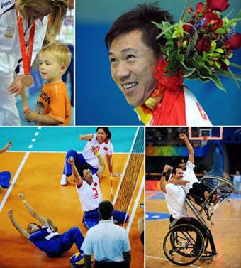 (Upper&nbsp;Left)&nbsp;Paula&nbsp;List&nbsp;of&nbsp;the&nbsp;Netherlands&nbsp;women's&nbsp;sitting&nbsp;volleyball&nbsp;team&nbsp;talks&nbsp;to&nbsp;her&nbsp;son&nbsp;during&nbsp;the&nbsp;awarding&nbsp;ceremony&nbsp;Spet.&nbsp;14,&nbsp;2008.(Upper&nbsp;Right)&nbsp;Bronze&nbsp;medalist&nbsp;He&nbsp;Junquan&nbsp;of&nbsp;China&nbsp;acknowledges&nbsp;his&nbsp;supporters&nbsp;during&nbsp;the&nbsp;awarding&nbsp;ceremony&nbsp;of&nbsp;the&nbsp;Men's&nbsp;50m&nbsp;Butterfly&nbsp;S5&nbsp;of&nbsp;the&nbsp;Beijing&nbsp;Paralympic&nbsp;Swimming&nbsp;event&nbsp;Sept.&nbsp;10,&nbsp;2008.(Lower&nbsp;Left)&nbsp;Members&nbsp;of&nbsp;China's&nbsp;women&nbsp;sitting&nbsp;volleyball&nbsp;team&nbsp;celebrates&nbsp;after&nbsp;scoring&nbsp;against&nbsp;the&nbsp;U.S.&nbsp;team&nbsp;during&nbsp;the&nbsp;final&nbsp;Sept.&nbsp;14,&nbsp;2008.(Lower&nbsp;Right)&nbsp;Members&nbsp;of&nbsp;Iraian&nbsp;men's&nbsp;wheelchair&nbsp;basketball&nbsp;team&nbsp;celebrate&nbsp;after&nbsp;defeating&nbsp;South&nbsp;Africa&nbsp;in&nbsp;a&nbsp;preliminary&nbsp;match&nbsp;Sept.&nbsp;7,&nbsp;2008.(Xinhua&nbsp;Photo)