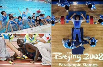 (Upper&nbsp;Left)&nbsp;Staff&nbsp;members&nbsp;and&nbsp;volunteers&nbsp;plunge&nbsp;into&nbsp;the&nbsp;swimming&nbsp;pool&nbsp;of&nbsp;the&nbsp;Water&nbsp;Cube&nbsp;after&nbsp;the&nbsp;end&nbsp;of&nbsp;all&nbsp;matches&nbsp;of&nbsp;the&nbsp;Beijing&nbsp;Paralympic&nbsp;Swimming&nbsp;event&nbsp;Sept.&nbsp;15,&nbsp;2008.(Lower&nbsp;Left)&nbsp;Lex&nbsp;Gillette&nbsp;of&nbsp;the&nbsp;United&nbsp;States&nbsp;is&nbsp;helped&nbsp;by&nbsp;volunteers&nbsp;after&nbsp;he&nbsp;fell&nbsp;on&nbsp;the&nbsp;ground&nbsp;during&nbsp;a&nbsp;match&nbsp;of&nbsp;the&nbsp;Beijing&nbsp;Paralympic&nbsp;Athletics&nbsp;event&nbsp;Sept.&nbsp;15,&nbsp;2008.&nbsp;(Right)&nbsp;Majid&nbsp;Farzin&nbsp;of&nbsp;Iran&nbsp;competes&nbsp;during&nbsp;the&nbsp;Men's&nbsp;75kg&nbsp;Powerlifting&nbsp;event&nbsp;Sept.&nbsp;14,&nbsp;2008.(Xinhua&nbsp;Photo)