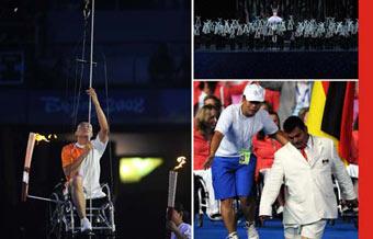 (Left)&nbsp;Wheelchair-bound&nbsp;Hou&nbsp;Bin&nbsp;of&nbsp;China&nbsp;climbs&nbsp;up&nbsp;a&nbsp;rope&nbsp;to&nbsp;ignite&nbsp;the&nbsp;flame&nbsp;during&nbsp;the&nbsp;opening&nbsp;ceremony&nbsp;of&nbsp;the&nbsp;Beijing&nbsp;Paralympic&nbsp;Games&nbsp;Sept.&nbsp;6,&nbsp;2008.(Upper&nbsp;Right)&nbsp;11-year-old&nbsp;Li&nbsp;Yue,&nbsp;a&nbsp;girl&nbsp;who&nbsp;lost&nbsp;her&nbsp;right&nbsp;leg&nbsp;in&nbsp;the&nbsp;Sichuan&nbsp;earthquake,&nbsp;performs&nbsp;with&nbsp;other&nbsp;109&nbsp;disabled&nbsp;dancers&nbsp;during&nbsp;the&nbsp;opening&nbsp;ceremony&nbsp;of&nbsp;the&nbsp;Beijing&nbsp;Paralympic&nbsp;Games&nbsp;Sept.&nbsp;6,&nbsp;2008.(Lower&nbsp;Right)&nbsp;A&nbsp;member&nbsp;of&nbsp;the&nbsp;Mexican&nbsp;delegation&nbsp;moved&nbsp;on&nbsp;his&nbsp;knees&nbsp;into&nbsp;the&nbsp;Bird's&nbsp;Nest&nbsp;during&nbsp;the&nbsp;opening&nbsp;ceremony&nbsp;of&nbsp;the&nbsp;Beijing&nbsp;Paralympic&nbsp;Games&nbsp;Sept.&nbsp;6,&nbsp;2008.&nbsp;(Xinhua&nbsp;Photo)