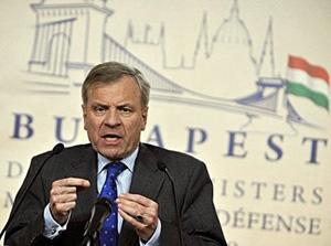 Secretary General Jaap de Hoop Scheffer of NATO answers a journalist's question in Hotel Sofitel, Budapest, after their plenary session.(AFP/Attila Kisbenedek)