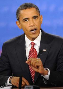Democratic presidential candidate Sen. Barack Obama, D-Ill., answers a question during a presidential debate at Hofstra University in Hempstead, N.Y., Wednesday, Oct. 15, 2008.(Xinhua/AFP Photo)