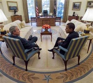 U.S. President George W. Bush and President-elect Barack Obama meet in the Oval Office of the White House, November 10, 2008.(White House photo by Eric Draper/Handout/Reuters)