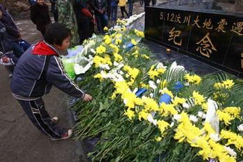 A girl presents flowers for the victims in the May 12 Wenchuan earthquake in Donghekou Earthquake Relics Park in Qingchuan county of southwest China's Sichuan Province, Nov. 12, 2008. Donghekou Earthquake Relics Park, the first memorial park of Wenchuan Earthquake, opend to the public on Wednesday. (Xinhua/Zhong Min)