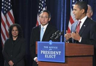 U.S. President-elect Barack Obama introduces Nobel physics laureate Steven Chu (2nd-L) as Energy Secretary and Nancy Sutley (L) current Deputy Mayor for Energy and Environment for the City of Los Angeles, as Chair of the White House Council on Environmental Quality during a news conference in Chicago, December 15, 2008.  (Stephen J. Carrera/Reuters)