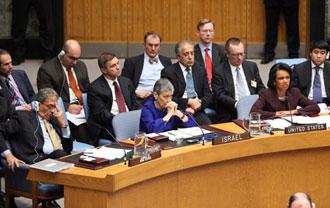 United States Secretary of State Condoleezza Rice (R, front), and Israel's UN Ambassador Gabriella Shalev (L, front) attend the meeting on Gaza crisis held by Security Council at the UN headquarters in New York, the United States, Jan. 6, 2009. (Xinhua/Hou Jun)