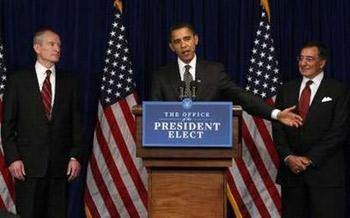 U.S. President-elect Barack Obama (C) is joined by his appointees for CIA Director Leon Panetta (R) and National Intelligence Director Dennis Blair during a news conference at his transition office in Washington January 9, 2009.REUTERS/Jim Young (UNITED STATES)
