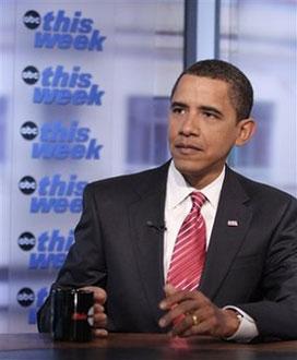 In this photograph provided by ABC News, President-elect Barack Obama is interviewed by George Stephanopoulos during the taping of 'This Week with George Stephanopoulos' Saturday, Jan. 10, 2009 at the Newseum in Washington. (AP Photo/This Week, Lauren Victoria Burke)