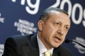 Recep Tayyip Erdogan, Prime Minister of Turkey, speaks during a media conference at the Annual Meeting of the World Economic Forum, WEF, in Davos, Switzerland, Thursday, Jan. 29, 2009. Turkish Prime Minister Recep Tayyip Erdogan later stalked off the stage at the World Economic Forum, after verbally sparring over Gaza with Israeli President Shimon Peres.(AP Photo/Keystone/Peter Klaunzer)