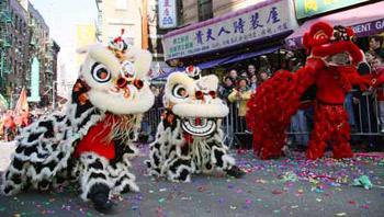 Local Chinese perform lion dance during a parade celebrating the Chinese Lunar New Year, the Year of the Ox, on February 1, 2009 at the Chinatown in New York.(Xinhua/Hou Jun)
