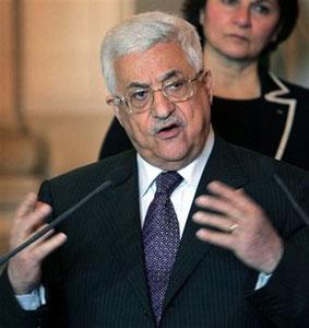 Palestinian President Mahmoud Abbas addresses newsmen following his meeting with French Foreign Minister Bernard Kouchner, in Paris, Tuesday Feb. 3, 2009.(AP Photo/Remy de la Mauviniere)