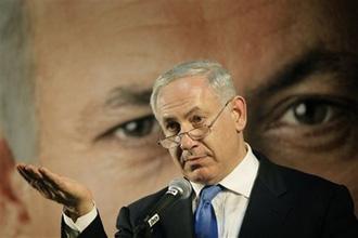 Likud Party leader Benjamin Netanyahu speaks during an election campaign event in Tel Aviv, Israel, Wednesday, Feb. 4, 2009.(AP Photo/Ariel Schalit)