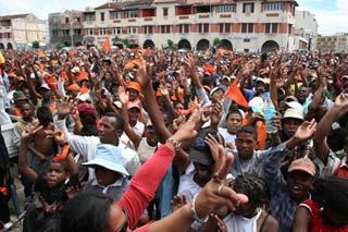 Demonstrators gather at central Antananarivo to support opposition leader Andry Rajoelina Feb. 7, 2009. Grand rally was held here as Rajoelina earlier on the day proclaimed president of Madagascar. (Xinhua