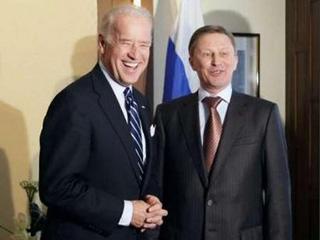 U.S. Vice President Joseph Biden (L) meets Russia's deputy Prime Minister Sergei Ivanov during the 45th Conference on Security Policy in Munich February 8, 2009. REUTERS/Michael Dalder