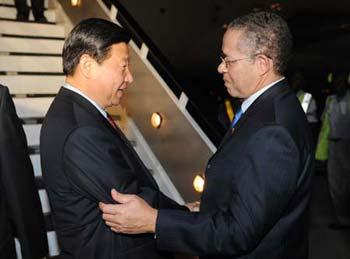 Chinese&nbsp;Vice&nbsp;President&nbsp;Xi&nbsp;Jinping&nbsp;(L)&nbsp;is&nbsp;greeted&nbsp;by&nbsp;Jamaican&nbsp;Prime&nbsp;Minister&nbsp;Bruce&nbsp;Golding&nbsp;upon&nbsp;his&nbsp;arrival&nbsp;in&nbsp;Kingston,&nbsp;capital&nbsp;of&nbsp;Jamaica,&nbsp;on&nbsp;Feb.&nbsp;11,&nbsp;2009.&nbsp;Jamaica&nbsp;is&nbsp;the&nbsp;second&nbsp;leg&nbsp;of&nbsp;Xi's&nbsp;six-nation&nbsp;tour,&nbsp;which&nbsp;has&nbsp;taken&nbsp;him&nbsp;to&nbsp;Mexico&nbsp;and&nbsp;will&nbsp;take&nbsp;him&nbsp;to&nbsp;Colombia,&nbsp;Venezuela,&nbsp;Brazil&nbsp;and&nbsp;Malta.(Xinhua/Huang&nbsp;Jingwen)