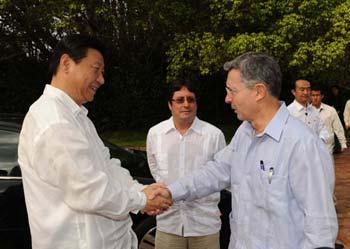Visiting&nbsp;Chinese&nbsp;Vice&nbsp;President&nbsp;Xi&nbsp;Jinping&nbsp;meets&nbsp;with&nbsp;Colombian&nbsp;President&nbsp;Alvaro&nbsp;Uribe&nbsp;in&nbsp;Cartagena,&nbsp;a&nbsp;port&nbsp;city&nbsp;of&nbsp;Colombia,&nbsp;on&nbsp;Feb.&nbsp;15,&nbsp;2009.(Xinhua/Ma&nbsp;Zhancheng)