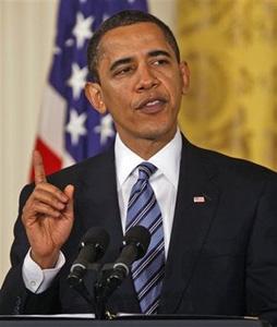 U.S. President Barack Obama speaks about AIG bonus payments as he makes remarks to small business owners, community lenders and members of Congress, Monday, March 16, 2009, in the East Room of the White House in Washington.(AP Photo/Ron Edmonds)