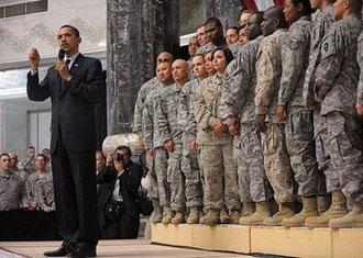 US President Barack Obama addresses US troops during a surprise visit to Camp Victory in Baghdad, Iraq.(AFP/Mandel Ngan)