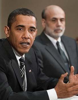 US President Barack Obama, seen here with Federal Reserve Chairman Ben Bernanke in the Roosevelt Room of the White House, said Friday he saw "glimmers of hope" that the US economy was pulling out of a paralyzing recession but warned of "a lot of work" yet to nurse it back to health.(AFP/File