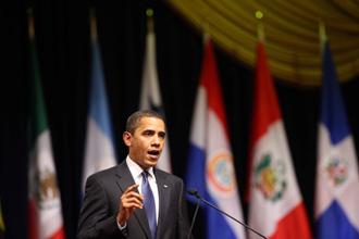 U.S. President Barack Obama addresses the opening ceremony of the Fifth Summit of Americas in Port of Spain, Trinidad and Tobago, April 17, 2009.(Xinhua/David de la Paz)