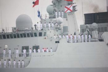 A naval warship is seen during a naval parade of the Chinese People's Liberation Army (PLA) Navy warships and aircraft in waters off China's port city of Qingdao, east China's Shandong Province, on April 23, 2009.(Xinhua/Li Gang)