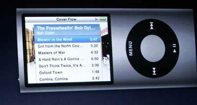 A redesigned iPod Nano is shown projected on a screen at Apple's 