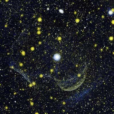 This composite image released by NASA March 7, 2007 shows Z Cam, a double-star system featuring a collapsed, dead star, called a white dwarf, and a companion star, as well as a ghostly shell around the system. The image combines data gathered from the far-ultraviolet and near-ultraviolet detectors on NASA's Galaxy Evolution Explorer orbiting space telescope on January 25, 2004. Z Cam, one of the first known recurrent dwarf nova is the largest white object in the image, located near the center. The faint bluish streak in the bottom right corner of the image is ultraviolet light reflected by dust that may or may not be related to Z Cam.(Xinhua/Reuters File Photo)