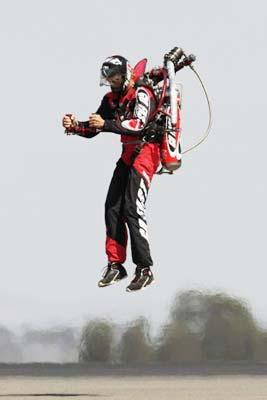 A jet propelled man is flies during the first day of flying practice at the 2009 Australian International Airshow and Aerospace Exposition at Avalon Airport, in Melbourne, Australia, March 10, 2009. The six day event aims to highlight the future direction of aeronautical and aerospace technology, coinciding with the 40th anniversary of the first manned mission which landed on the moon.[CFP]